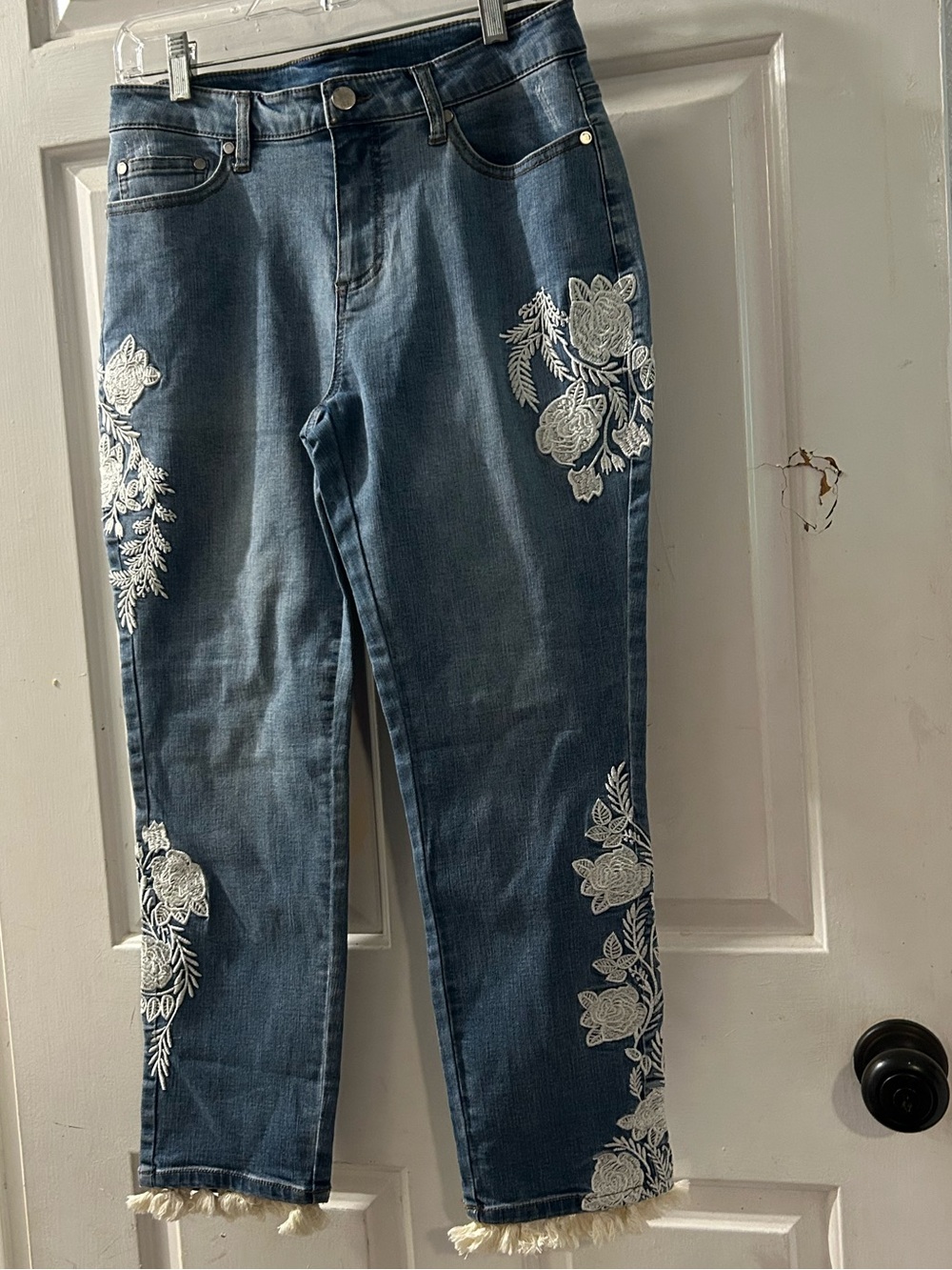 Philosophy Blue Jeans with White Floral Embroidery